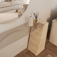 Table console en marbre blanc KUMUSI FURNITURE Brooklyn Travertine/Rosso Levanto/Arabescato avec plateau en verre pour salon, hôtel, villa