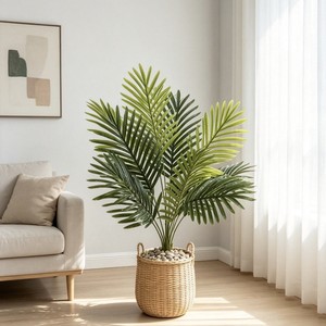 Plante artificielle de palmier Areca dans un pot tressé pour la décoration intérieure du salon, 9 tiges vertes - Product Image 1