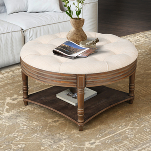 Table basse ottoman ronde capitonnée avec étagère de rangement en bois, style farmhouse, 2 niveaux, plateau surdimensionné à boutons - Product Image 1