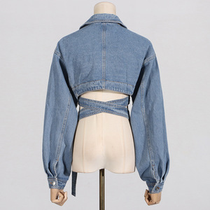 Date printemps automne hiver Unique décontracté Streetwear moto ceinture croisée évider Denim Jeans femmes culture manteaux - Product Image 3