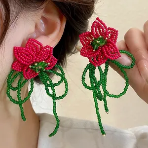 Kaimei Moda Jóias Frisada Flor Borla Brincos Moda Coreana Rodada Frisada Geométrica Red Seed Beads Pétala Dangle Brincos