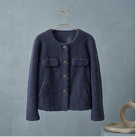 Veste en laine Teddy pour femme, bleu marine, 100% laine, col rond, boutons métalliques, poche plaquée, élégante, courte, manteau d'hiver en laine