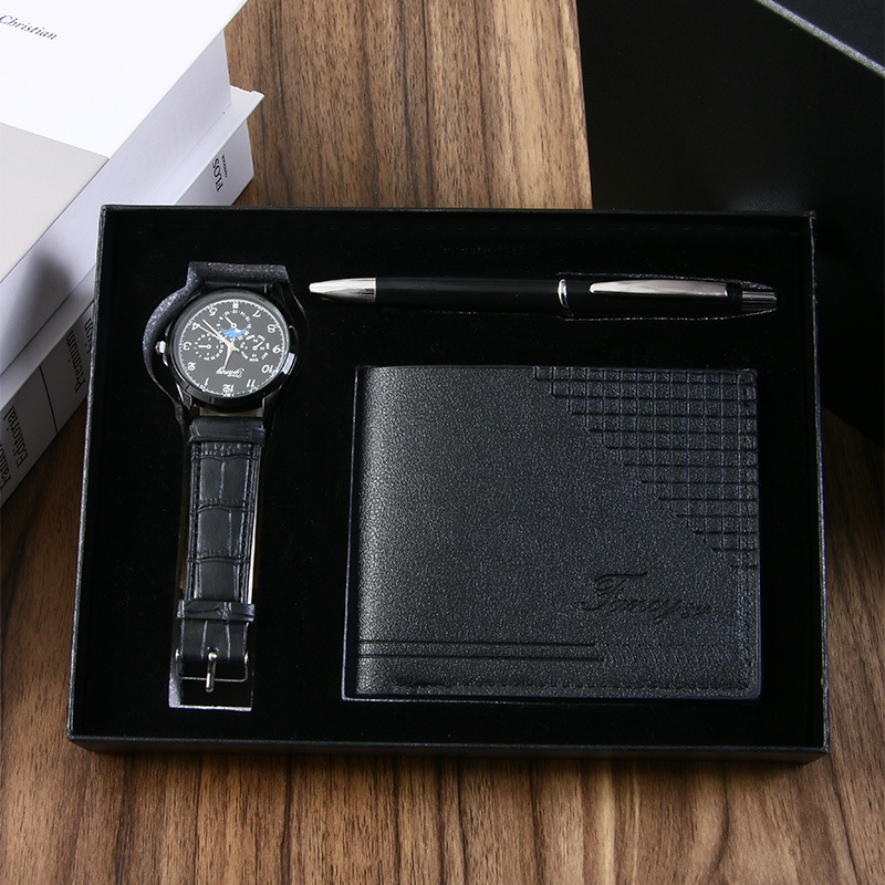 4-piece black set (watch, ballpoint pen, wallet, gift box)
