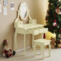 Coiffeuse en bois rose pour le maquillage, table à langer pour filles avec miroir LED et tiroirs, ensemble de coiffeuse pour enfants