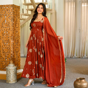 <b>Women</b> Traditional Red Floor-Length Anarkali <b>Suit</b> Gold <b>Glitter</b> Print Dupatta Quick Dry Loose Fit for Wedding India Pakistan Style - Product Image 1