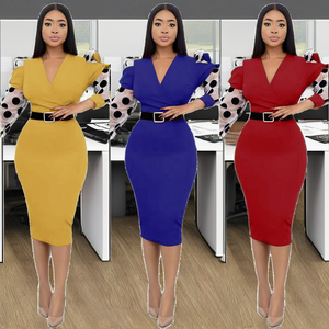 Abito da donna estivo elegante da ufficio da donna con scollo a V stampa a mezza manica tinta unita Africa Falbala <span class=keywords><strong>Midi</strong></span> lavabile naturale - Product Image 2