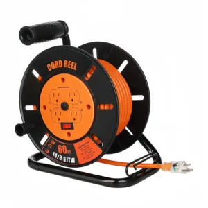 60FT Power Cord Reel, with 4 Grounded Outlets Heavy Duty Retractable Extension Cord for Indoor/Outdoor