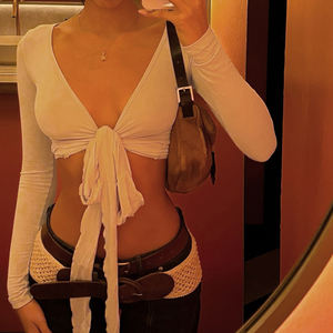 Wholesale Women Y2K Sexy Bow Tie Front Slim Fit Knitted Crop T Shirt Hot Girl Full Sleeve <b>Cover</b> <b>up</b> Top - Product Image 3