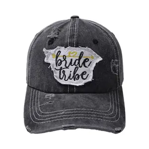 Womens Bride Tribe Patch Embroidery Distressed Washed Baseball Visor Cap Trucker Dad Wedding Party Hat Unisex Messy Bun Ponycap