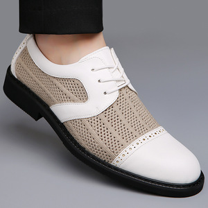 Men's Business Casual Leather Shoes <b>White</b> And Black <b>Lace</b>-up Breathable Mesh Soft Sole Office Career Dress Shoes - Product Image 3