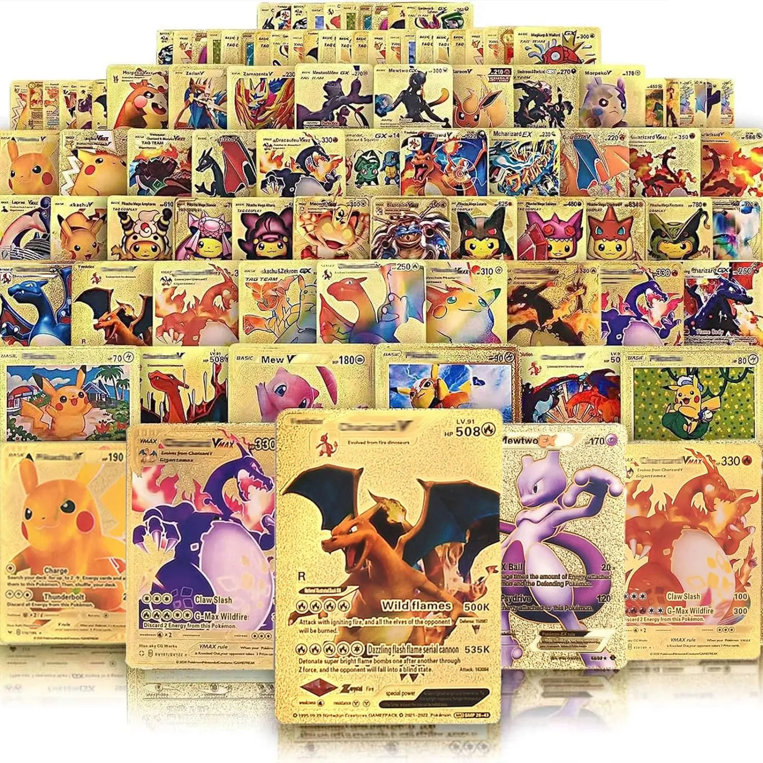 55 feuilles sans répétition Anime Pokeman Pikachu Booster Box Tcg Card Cartes plaquées feuille d'or en plastique