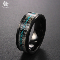 DGtungsten A168 Bague en carbure de tungstène plate noire de 8 mm avec incrustation de turquoise en forme de bois de cerf, tendance, unisexe, alliance confortable