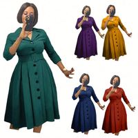 6357 #   Robe de bureau tendance pour femme, décontractée, à col en V, simple boutonnage, coupe trapèze, grande taille, avec ceinture