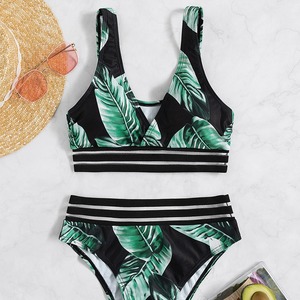 NEW Sexy Solid Prints High Waist Lace Stitching Backless V-neck Halter Two Piece <b>Bikini</b> Beachwear Swimsuit Custom Women Swimwear - Product Image 1