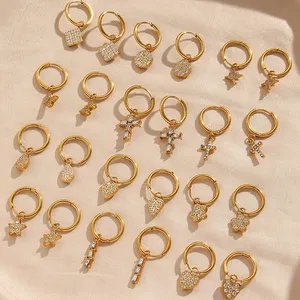 Minimalist Dainty Crystal Jewelry Zircon Cross Heart Water Drop Gold Plated Stainless Steel Hoop Earrings Jewelry Set