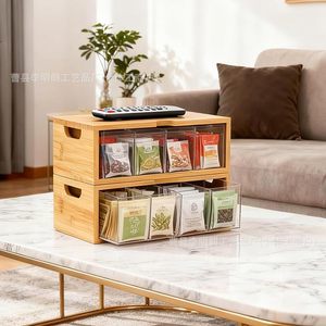 Wooden Tea Bag <b>Storage</b> <b>Box</b> Rectangular Transparent Acrylic Covered Standing Type For Kitchen Use - Product Image 2