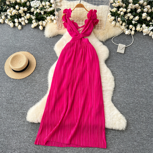 Abito Sexy da Donna con Vita Scavata, Scollo a V, Bordo Ondulato e Plissettato, Vestito da Spiaggia per le Vacanze - Product Image 1