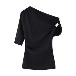 Nouveau T-shirt d'été avec boucle métallique, élégant, <span class=keywords><strong>asymétrique</strong></span>, à épaule diagonale, simple, à manches courtes, <span class=keywords><strong>haut</strong></span> pour femme - Product Image 5