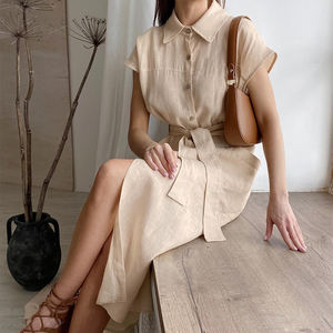 <span class=keywords><strong>Abito</strong></span> Lungo Enyami in Cotone e <span class=keywords><strong>Lino</strong></span> Blu Kaki a Vita Alta con Tasche per Donna Primavera Estate Autunno - Product Image 4