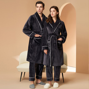 Set Pigiama con Accappatoio in Flanella Foderato in <span class=keywords><strong>Pile</strong></span> per <span class=keywords><strong>Uomo</strong></span> e Donna, Collo a V, Ispessito e Caldo per Primavera e Autunno - Product Image 1