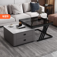 Mesa de Centro de Lujo Ligero, Moderna y Sencilla para Sala de Estar, Nueva Mesa de Centro Cuadrada de Vidrio con Losa de Roca para Apartamentos Pequeños