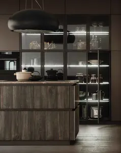 Mueble de cocina de estilo europeo de lujo moderno SKYLINE 2023 para apartamento con puertas de vidrio y encimera de mármol