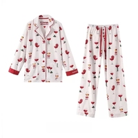 Ensemble de pyjama pour femmes en coton tissé 100% biologique avec taille élastique, manches longues, logo satiné sur le devant - pour l'automne et l'hiver