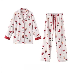 Bộ đồ ngủ nữ 100% <span class=keywords><strong>cotton</strong></span> hữu cơ, có thun lưng, tay dài, chất liệu satin, logo phía trước - dành cho mùa xuân, thu, đông - hỗ trợ giao hàng nhanh - Product Image 4