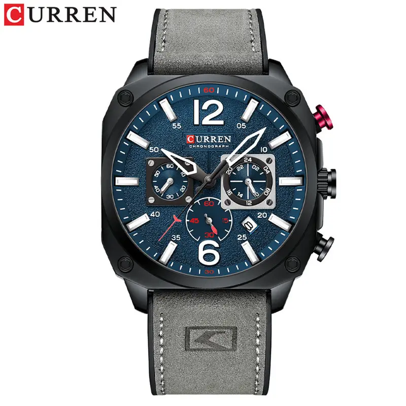 CURREN นาฬิกาข้อมือผู้ชายดีไซน์ใหม่ปี8398,นาฬิกาควอตซ์หน้าปัดสี่เหลี่ยมนาฬิกาข้อมือหนังแฟชั่นนาฬิกาเรืองแสงกันน้ำ Relojes