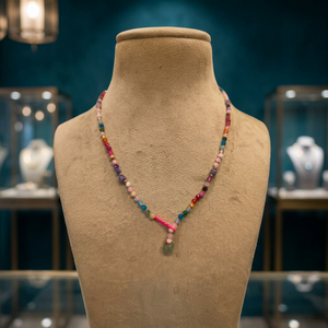 Sstringz Multicolor Crystal Beaded Y <b>Necklace</b> with <b>Pink</b> Cord Accent, Green Drop Charm and Handmade Boho Fashion Jewelry - Product Image 3