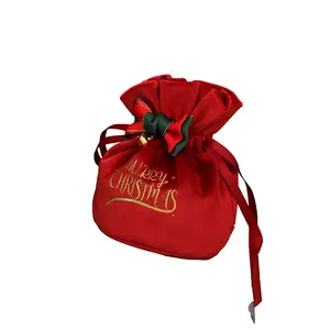 Nieuwe Kerst Gift Koord Bag Kerstmis Flanellen Trekkoord Candy Pouch Xmas Apple Tasje Met Strik