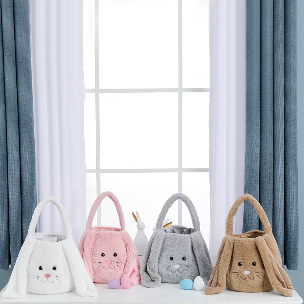 Wholesale Custom Decor Lovely Plush Bucket Gift Bags Floppy Ears Gift Furry Bunny Easter Baskets