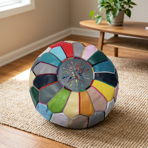 Housse de pouf en cuir véritable cousue à la main, ronde, style bohème, broderie géométrique, fermeture à cordon, personnalisable, décoration d'intérieur - Product Image 1