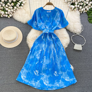 Ym919 Đầm xếp li eo thon thắt lưng ngắn tay in họa tiết nhuộm Cà Vạt 2025 sang trọng Hàn Quốc Đầm nữ - Product Image 6