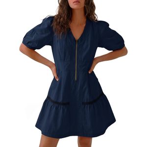 Fisoew Mini vestido de manga corta para mujer, cuello en V, ajuste holgado, vestido informal de verano con bolsillos, tela tejida transpirable - Product Image 1