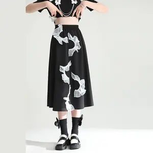 Faldas Para Mujer卸売ロングスカート新しいデザイナーAラインスカート不規則なステッチ真菌エッジメッシュスカート