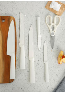 Ensemble de couteaux de cuisine en acier inoxydable blanc, sept pièces, avec support à bordure argentée, couteau de chef à lame droite - Product Image 3