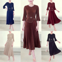 Nouvelle robe mi-longue plissée Miyake à col montant pour femme, manches longues, taille nouée, coupe trapèze, décontractée, pour le bureau, avec boutons décoratifs