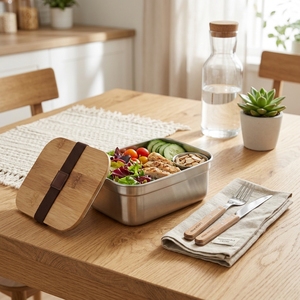 Anpassbare Edelstahl-Quadrat-Lebensmittelbehälter mit Holzdeckel Auslaufsichere Fächer Personalisierte Bedruckung Bento-Box - Product Image 2
