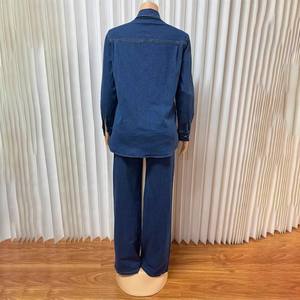 Y6570 Trendy Denim Sets für Frauen Lässiges Langarm-Revers oberteil und gerade Hosen Denim Jeans Set 2-teilige Outfits für Frauen - Product Image 5