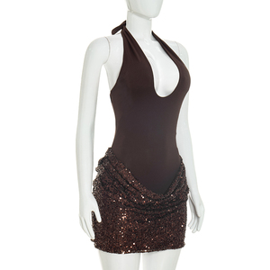 Viviblook J26DS293 Vestido de fiesta mini ajustado para mujer, sexy, sin mangas, con cuello halter, cordones, escote bajo, sin espalda, con lentejuelas y plisado, novedad de verano - Product Image 2