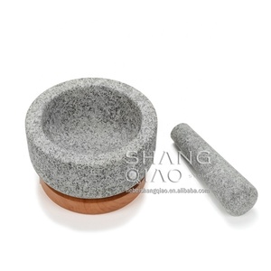 Pabrik grosir peralatan dapur mangkuk batu abu-abu alami padat granit Mortar dan alu dengan dasar kayu - Product Image 5
