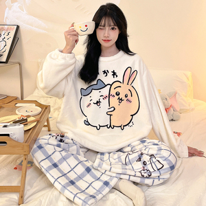 Pyjamas femmes hiver corail <span class=keywords><strong>polaire</strong></span> lâche extérieur portant chaud mignon pyjamas ensemble étudiant petit - Product Image 2