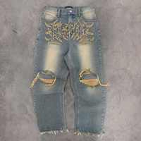 Jeans en denim délavé mi-acide personnalisés pour hommes, style vintage, déchirés, streetwear, hip-hop, broderie, strass, style rétro