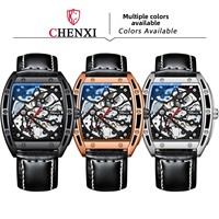Montre automatique tonneau lumineuse de haute qualité avec bracelet en cuir, montre mécanique squelette de luxe pour homme, idéale pour le business et la mode