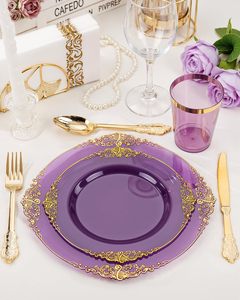 350PCS Purple Plastic Dinnerware Sets for 50 Guests Includes100 <strong>Disposable</strong> <strong>Plates</strong> 150 Gold Silverware 50 Cups 50 Napkins - Product Image 5