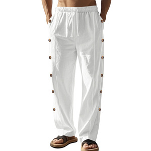 Pantalones de Lino para Hombre, Cintura Elástica con Cordón, Botones Laterales, Color Sólido, Corte Recto Informal, Transpirables, para Uso Diario - Product Image 4