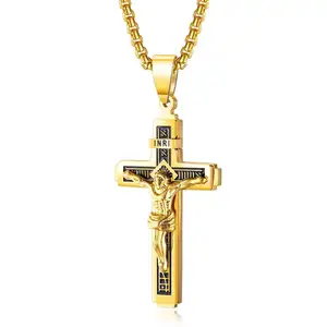 Bijoux placcato oro 18 carati di alta qualità En Aci Inoxyd collana con ciondolo croce crocifisso gesù in acciaio inossidabile per uomo