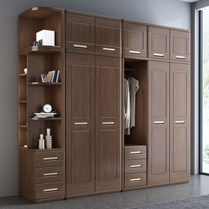 Armoire de style shaker américain en noyer avec poignées dorées, étagères ouvertes, tiroirs, montage facile, taille personnalisée, armoire de rangement pour chambre à coucher - Product Image 2