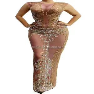 Host Hautton sexy transparente Mesh Stretch Strass Tasche Gesäß langes Kleid Performance Stage Kostüm